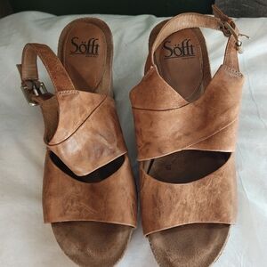 Sofft Tan&Cork‎ Distressed Leather Wedge Sandals sz 9